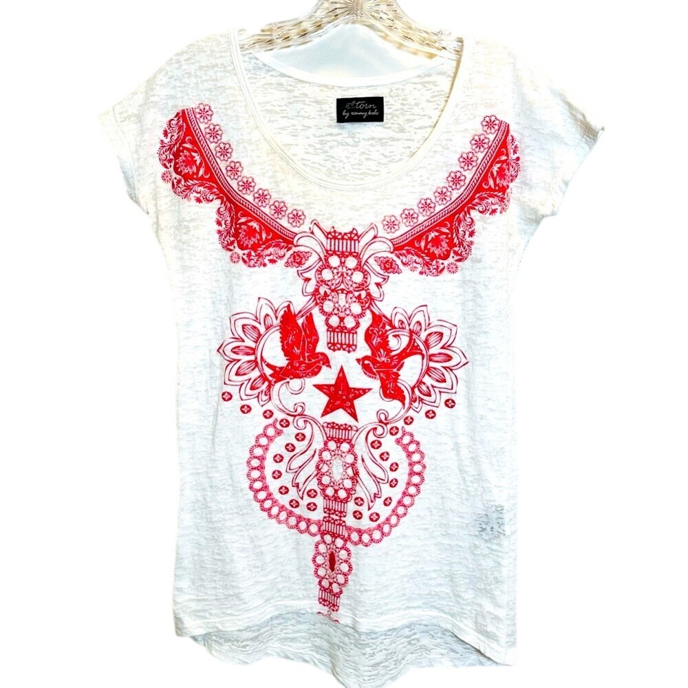 Torn By Ronny Kobo Graphic Tee Women's S White Red Boho Hippie Burnout Festival